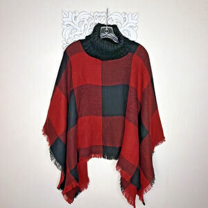 TAHARI Buffalo Plaid Turtleneck Poncho Fringe Boho Lagenlook RED BLACK One Size